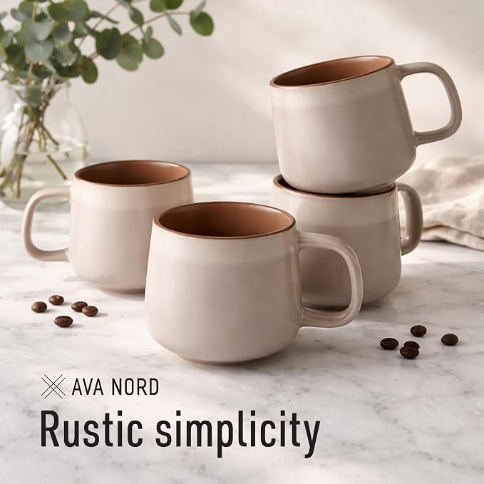 Ava Nord Small Ceramic Coffee Mugs Set of 4 | 8 oz Stoneware Coffee Cups | Lead-Free, Non-Toxic | Microwave & Dishwasher Safe | Comfortable Handle | Aesthetic Nordic Design for Cappuccino | Rose Sand
