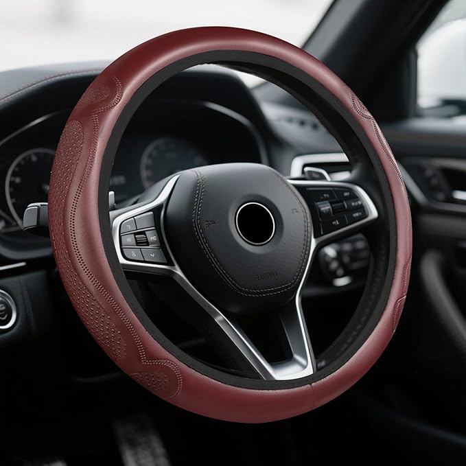 Car Steering Wheel Cover, Steering Wheel Accessories, Breathable Microfiber Leather Auto Wheels Protector, Universal 15 Inch Anti-Slip Protector Car Accessories for SUV Sedan Truck (Wine Red)