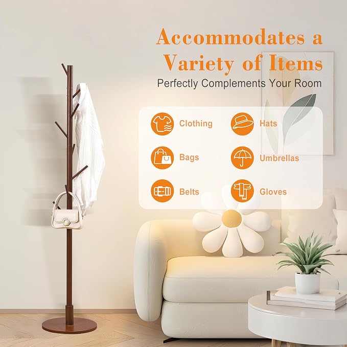VECELO Coat Rack Freestanding, Entryway Hanger Stand, Umbrella Holder, Hall Tree With Hooks, Floor Standing Tree Stand,Walnut