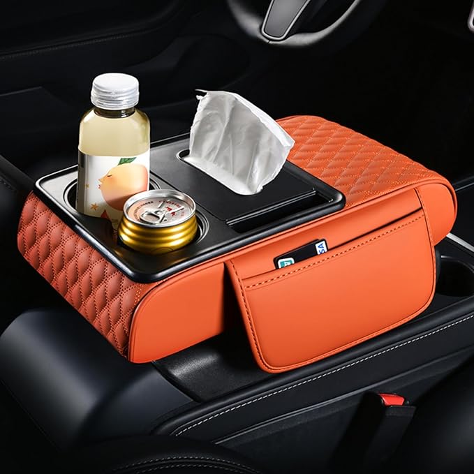 Car Center Console Armrest Pad, Arm Rest Box Cushion with Ergonomic Height Boost, Storage Pockets, Built-in Tissue Box, Cupholder, Fit for Most Sedan Vehicles (Embroidery Water Ripple, Deep Orange)