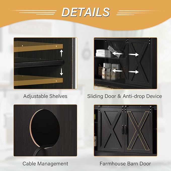 4 EVER WINNER Farmhouse Coffee Bar Cabinet, 59" Large Kitchen Storage Cabinet with Sliding Barn Doors, Buffet Cabinet with Storage Cupboard for Kitchen, Dining Room, Espresso