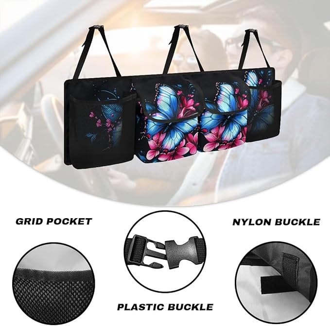 Blue Butterfly Trunk Hanging Storage Bag for Women Pink Flowers Collapsible Cargo Bag Multipurpose Cargo Accessory
