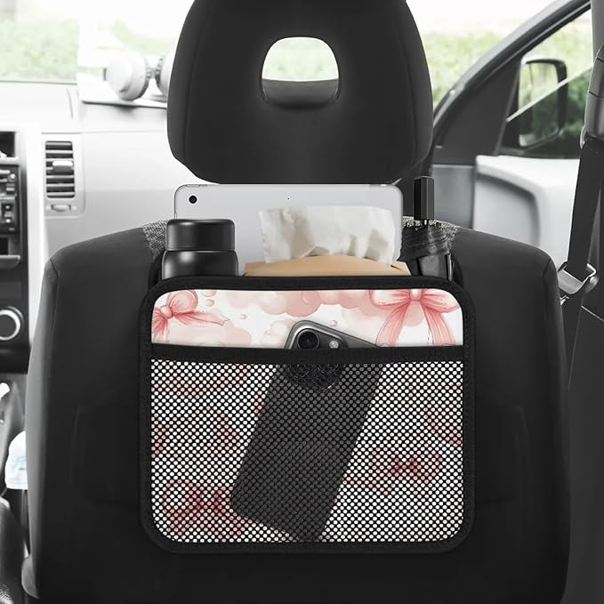 Pink Bows Clouds Car Backseat Organizer PU Leather Automotive Back Seat Storage Bag Universal Hanging Garbage Box Travel Accessories Foldable