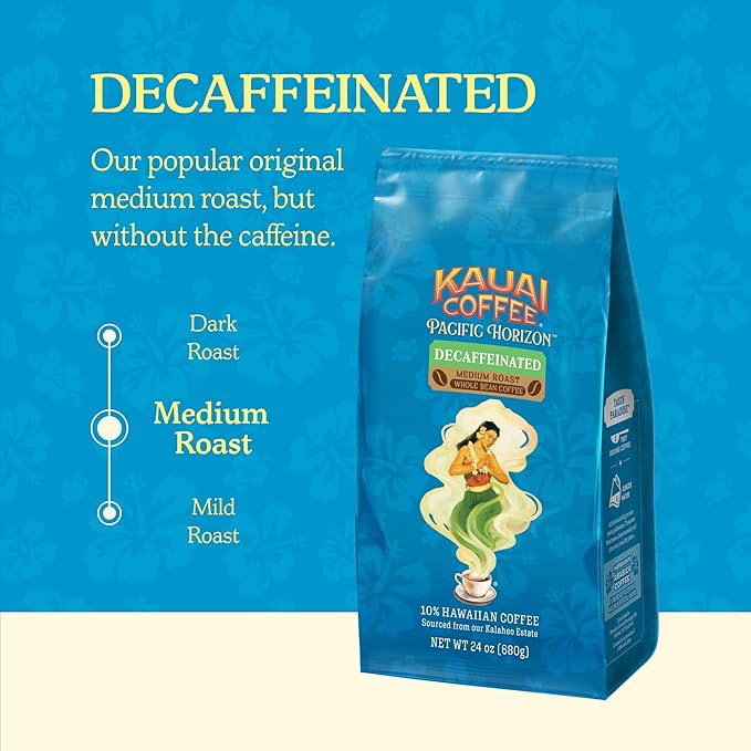 Kauai Coffee Whole Bean Coffee – Smooth, Non-Bitter Medium Roast Pure Arabica – Floral Notes and Bright Aroma – Grown on Hawaii's Largest Coffee Farm – Decaf, 1 Pack of 24oz