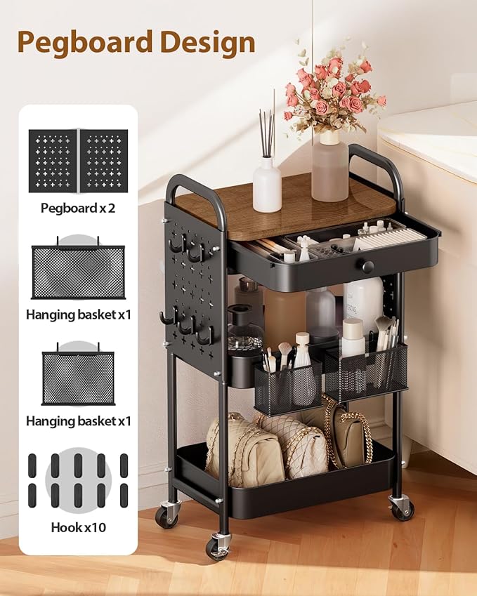ALVOROG Rolling Cart with Drawer and Wood Table Top, 3 Tier Metal Rolling Utility Cart on Wheels with DIY Pegboards, Hanging Baskets, Hooks for Bedroom,Office,Craft Supplies (Black)