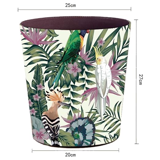 10L/2.64 Gallon Trash Can, Decorative Waste Basket, PU Leather Waste Paper Basket, Waterproof Garbage Can for Bathroom, Bedroom, Office, Kitchen and Living Room - Green and White Bird
