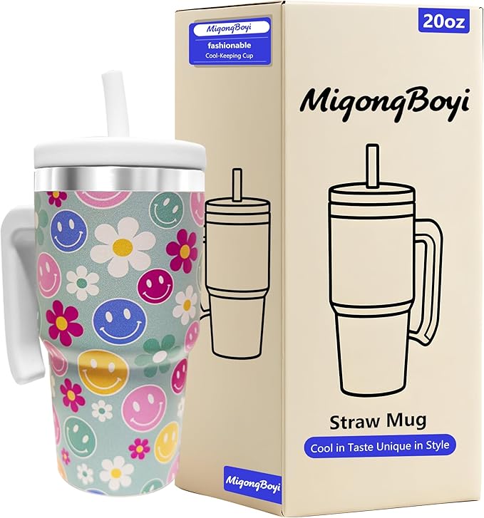 2PCS 20-OZ Insulated Water Bottle,Insulated Stainless Steel Tumbler,Reusable Cold Drink Thermos,BPA-Free, Double-Wall Stainless Steel Water Bottle (Green-Simleyface Flowers, 20, Fluid Ounces)