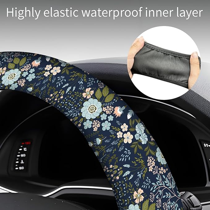 Steering Wheel Covers for Car, Truck, and SUV, Cute Non-Slip Breathable Elastic Steering Wheel, Car Accessories, Universal 15 Inch Leather Cover for Men Women Cute Colorful Floral