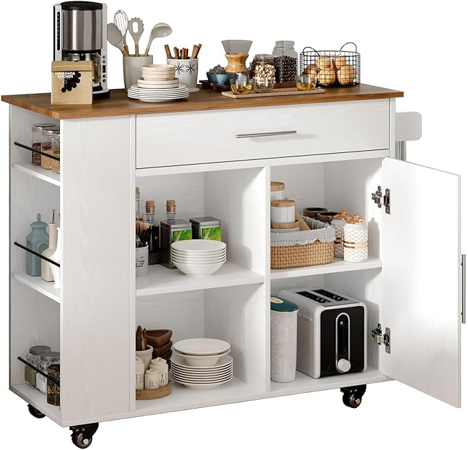 4 EVER WINNER Kitchen Island on Wheels with Storage, Kitchen Island Cart with Storage Cabinet, Spice Rack & Towel Rack & Drawer, Island Table for Kitchen with Open Shelves, White