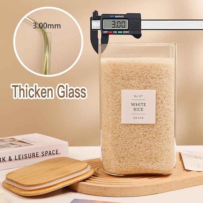 2 Pack large Square Glass Flour and Sugar Containers with 132 Kitchen Pantry Labels - 149 floz & 71 floz - Glass Jars with Airtight Bamboo Lid - Glass Rice Canisters for Coffee, Pasta, Cookie, Cereal