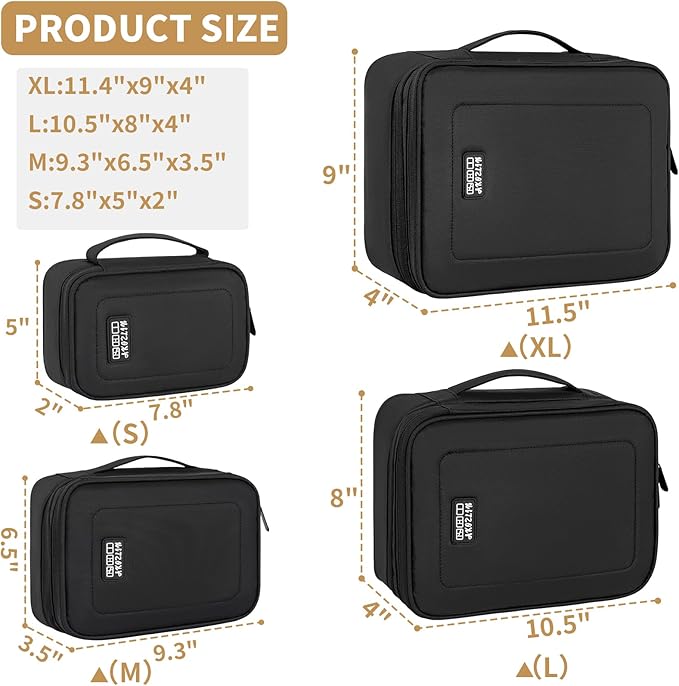AKOZLIN Cord Organizer Case with Adjustable Divider 4pcs/set Padded Cable Organizer Bag Double Layer Electronics Travel Case DJ Cable File Bag Black
