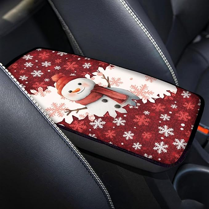 Cute Snowman Auto Armrest Console Accessories Center Console Cover Soft Car Console Covers Protect from Pet Claws Fit Most Cars, Truck, SUV, or Van