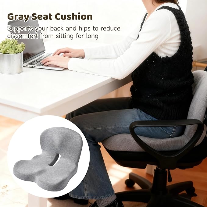 Gray Car Seat Cushion, Ergonomic Memory Foam, Lumbar Support, Non-Slip, 15.7 X 16.9 X 11.4 in, Breathable for Car and Office