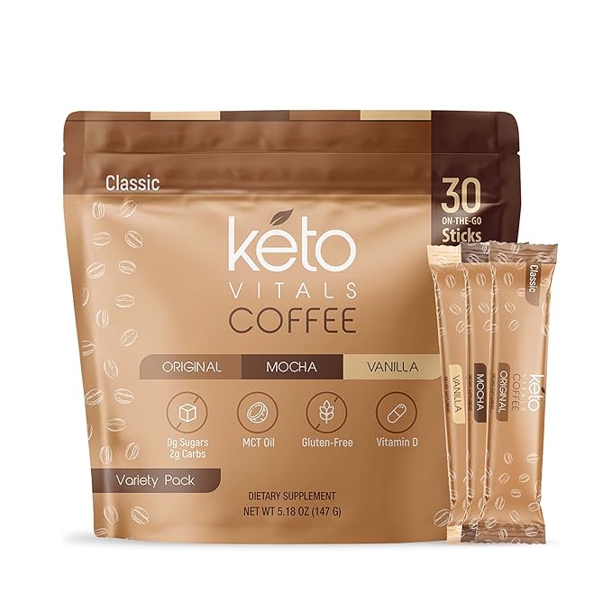 Keto Vitals Instant Keto Coffee Powder with MCT Oil & Vitamins - Low-Calories, Low-Carb, No Artificial Sweeteners – Energy & Metabolism Support – 30 Single-Serve Sticks (Original, Vanilla & Mocha)