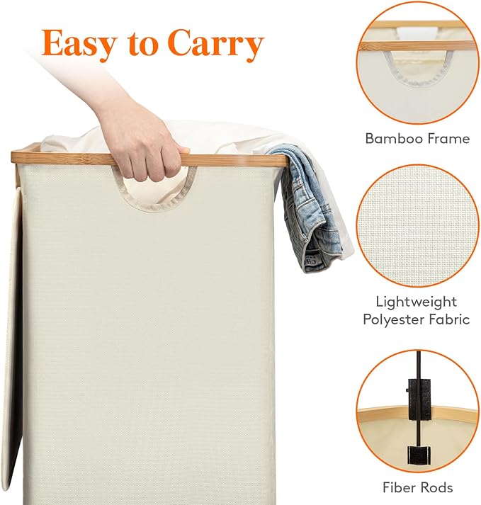 Lifewit 150L Double Laundry Hamper with Lid, Large Laundry Basket with Removable Bag & Bamboo Handles, Fodable Tall Dirty Clothes Hamper for Laundry Collapsible Bin for Bathroom Bedroom Dorm, Beige