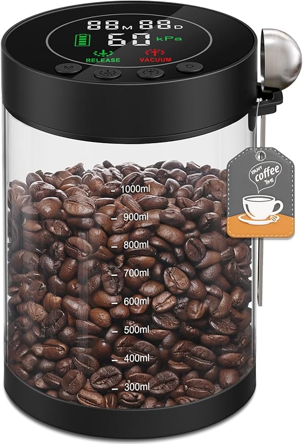 Electric Vacuum Coffee Canister, 1.3L Glass Airtight Food Storage Containers with Smart Pressure Sensor, Automatic Coffee Bean Container Rechargeable with LED Display Window for Kitchen Food Storage