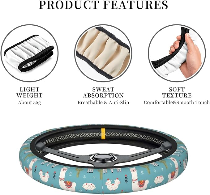 Llama-Print Neoprene Steering Wheel Covers Women Men Car Accessories, Universal 15 Inch Fit Auto, Suvs, Truck