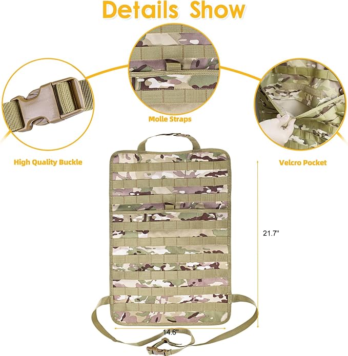 Tactical Vehicle Seat Back Organizer, Universal Tactical Seat Cover Molle Panel with 5 Detachable Pouches - Medical, Phone, Admin Storage Bags Fit for Jeep Truck Car Camping Off Road (CP Camo)