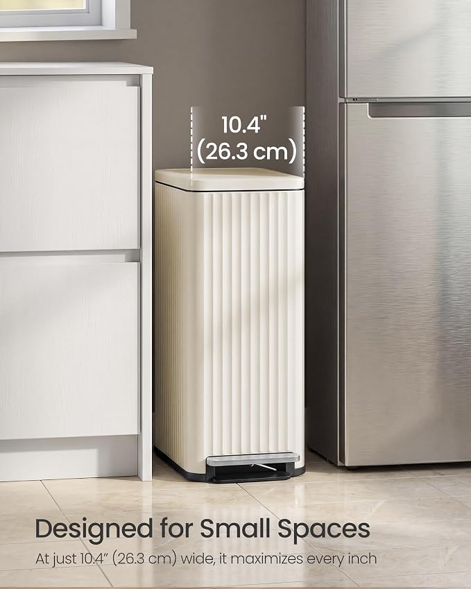SONGMICS Trash Can, 13 Gallon (50 L) Slim Garbage Can for Kitchen, with Soft-Close Lid, Pedal, Removable Inner Bucket, Stainless Steel, 15 Trash Bags, Space-Saving, Cream White ULTB350LZ01