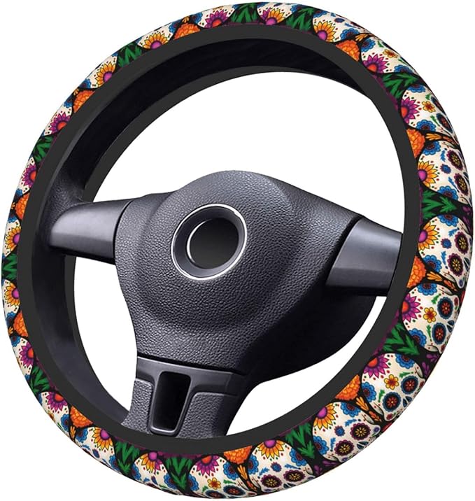 Neoprene Steering Wheel Cover Colorful-Skull Car Steering Wheel Cover Universal Fit for Most Cars
