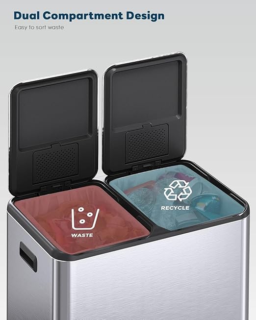ComfyCorner 16 Gal (2 x 30 L) Dual Trash Can, Stainless Steel Kitchen Garbage Bin, Recycle Dustbin with Odor Control Box, Soft-Close Lid, Inner Buckets, Side Handle, Step Pedal, for Home Office