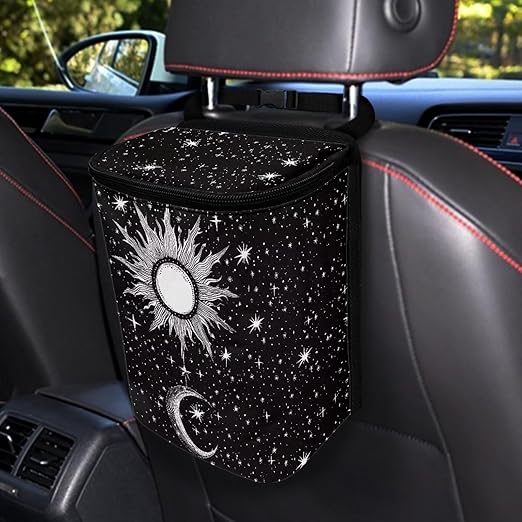 DISNIMO Sun and Moon Auto Car Trash Can - Collapsible, Leakproof Garbage Bin with Adjustable Strap - Car & Truck Accessories for Men and Women - Black