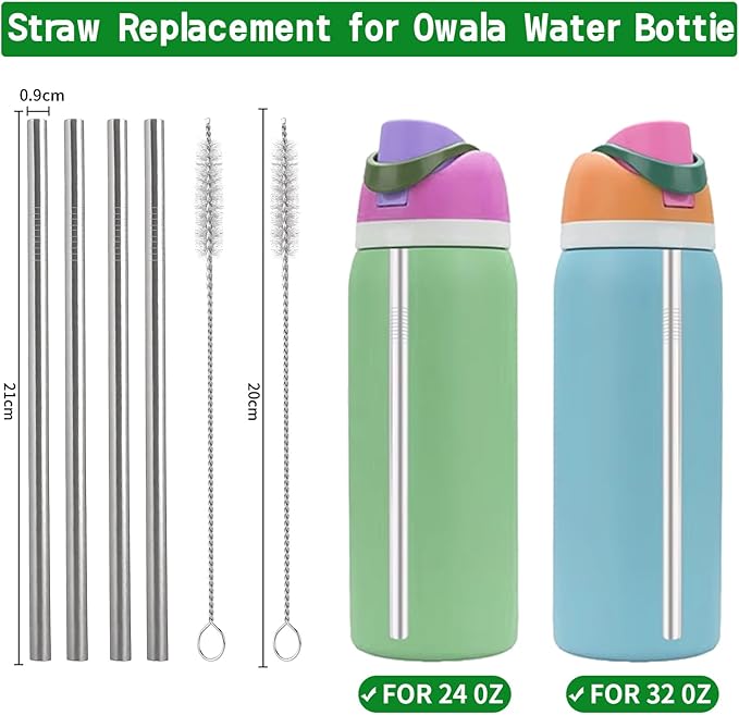 Stainless Steel Straw Set Compatible with Owala 24 oz 32 oz Water Bottle, 4 Piece Replacement Metal Straws With 2 Straw Cleaner