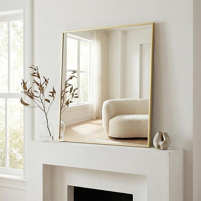 36"x36" Large Gold Wall Mirror, Metal Framed Bathroom Vanity Mirror, Oversized Square Mirror Over Sink, Luxury Living Room Decor, Flush Mount