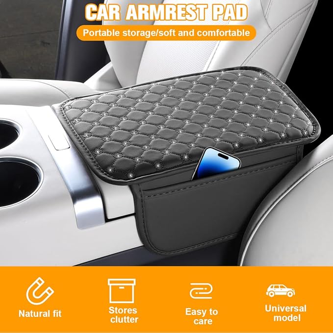 Bling Car Center Console Cover, Leather Crystal Rhinestone Vehicle Armrest Cushion Pad with Side Storage Bags, Scratch Resistant Auto Middle Console Protection Mat, Universal Fit (Black)