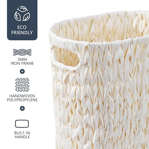 Coeusy Wicker Trash Can,Bathroom Trash Can,Waterproof Wicker Waste Basket for Bathroom,Narrow Small Waste Basket for Bedroom,Office, Cream White 5 Gallon