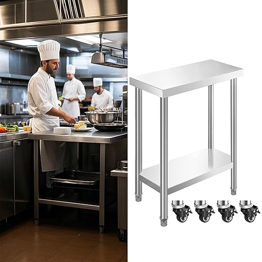 NSF Stainless Steel Table for Prep & Work with Caster 24x12 Inches, Metal Commercial Kitchen Table with Under Shelf and AdjustableTable Foot for Restaurant, Home and Hotel