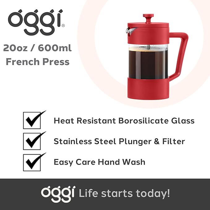 Oggi Borosilicate Glass French Press Coffee Maker (20oz)- 5 Cup Capacity, Coffee Press, Single Serve Coffee Maker, Stainless Steel Lid & Plunger, Make Great Coffee Gifts, Red