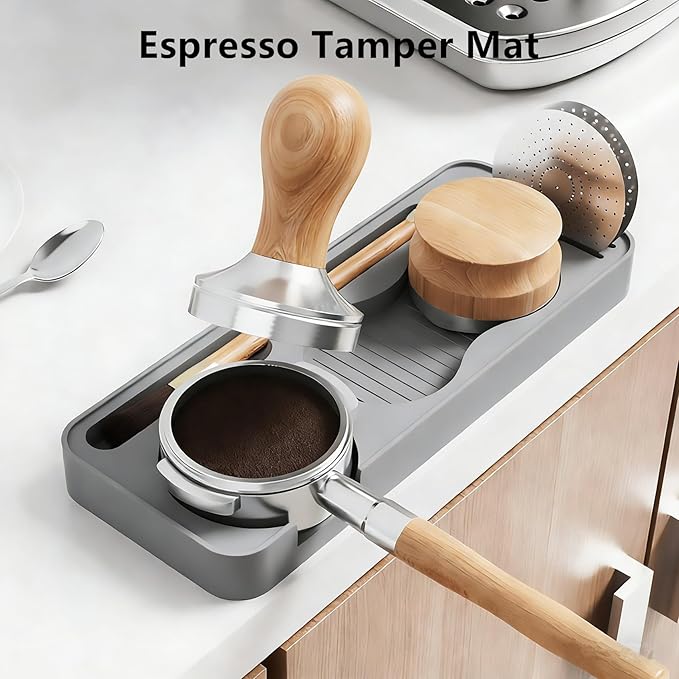 Espresso Tamping Mat, Espresso Tamper Mat, Coffee Tamper Mat for Countertop, Non-Slip Heat Resistant Silicone Portafilter Mat for Distributor, Brush & Puck Screen, Dishwasher Safe (Black, 9.5"×3.7")