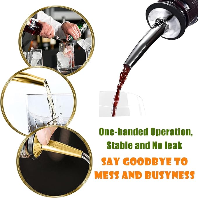 WAFJAMF 6 Pcs Liquor Pour Spouts Set, Stainless Steel Liquor Bottle Pourers with Rubber Dust Caps, for Pours Liquid, Olive Oil, Wine, Vinegar (Gold)