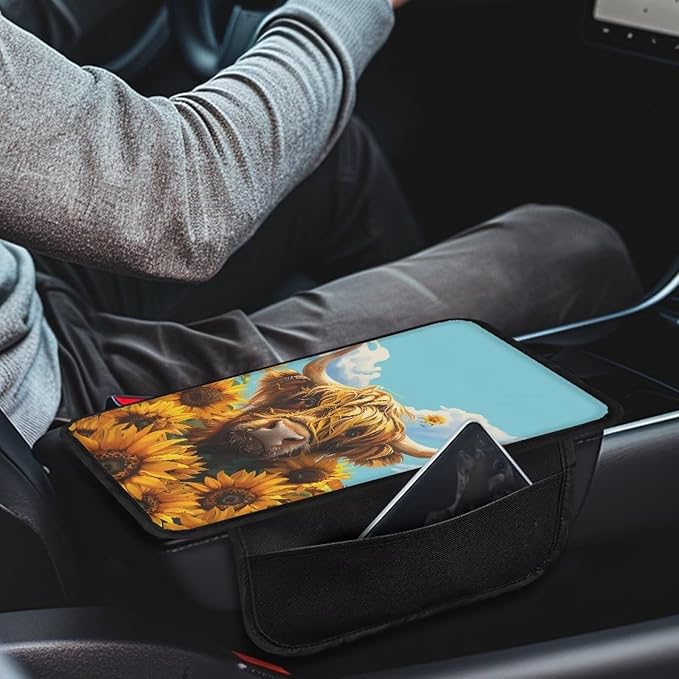 Boatee Highland Cattle Sunflower Arm Rest Cover for Car Center Console Organizer for Auto Armrest Pad Universal Console Mat Automotive Accessories Interior Set Stylish Armrest Storage Box Mat Blue