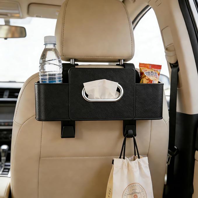 Car Organizers and Storage Box, Multifunctional Car Seat Back Storage Box with Tissue and Hook for Hold Phone Water Cup Handbag, Fits Most Vehicles (Black,2PCS)