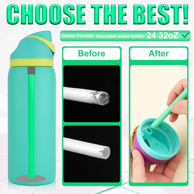 6pcs Replacement Straws for Owala FreeSip 24oz 32oz, Reusable Plastic Straws with Cleaning Cleaner Brush for Insulated Stainless Steel Water Silicone Bottle Tumbler Rubber Accessories Parts (6 Colors)