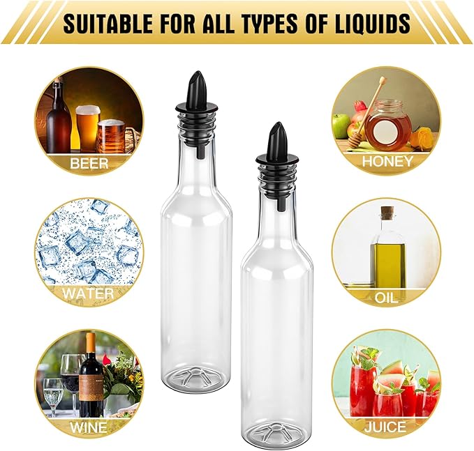 Tioncy 4 Sets 10 oz Plastic Liquor Bottles with Pourers Sets 4 Plastic Long Neck Syrup Bottles with Pourer and Caps Reusable Leakproof for Home Party Bar(Black)