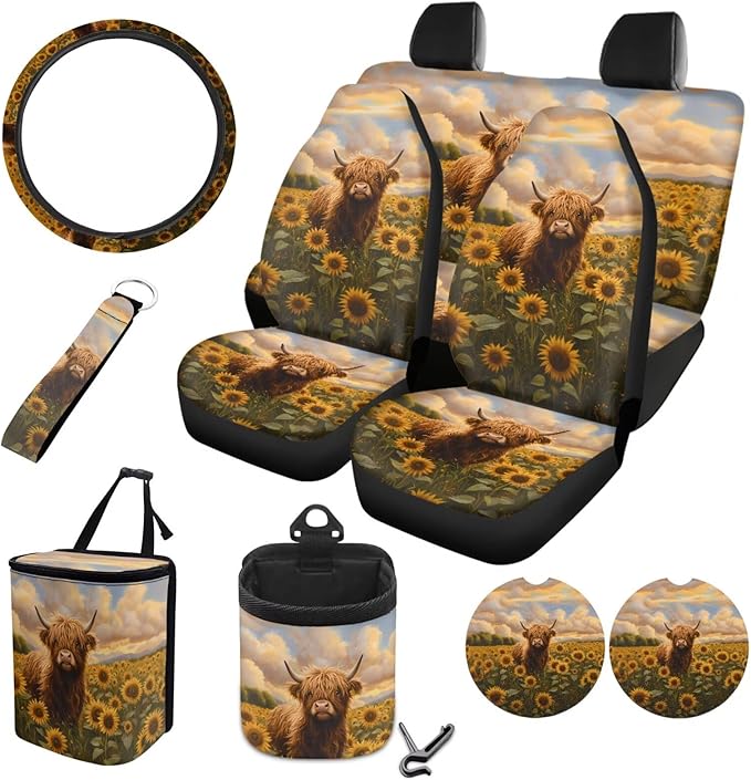 10 Piece Car Seat Cover Sets for Women and Men, Highland Cattle Sunflower Printed Car Front and Back Seat Protector Steering Wheel Cover Trash Can Air Vent Storage Bag Wristlet Keychain
