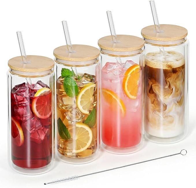 4 Pack Glass Cups with Lids and Straws 16 oz Double Wall Glass Tumbler Insulated Borosilicate Iced Glass Coffee Cups for Iced Coffee, Smoothies, Tea, Juice