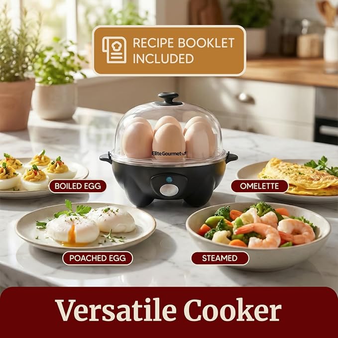 Elite Gourmet EGC-007B# Rapid Egg Cooker, 7 Easy-To-Peel, Hard, Medium, Soft Boiled Eggs, Poacher, Omelet Maker, Auto Shut-Off, Alarm, 16-Recipe Booklet, Black