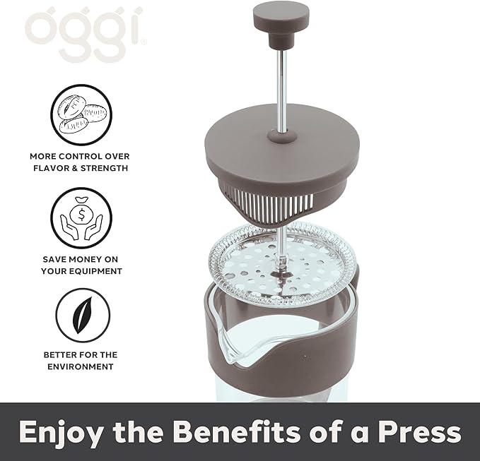 Oggi Borosilicate Glass French Press Coffee Maker (20oz)- 5 Cup Capacity, Coffee Press, Single Serve Coffee Maker, Stainless Steel Lid & Plunger, Make Great Coffee Gifts, Gray