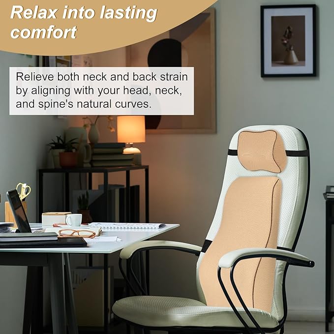HARFINGTON Car Headrest & Lumbar Support Pillow Kit Memory Foam Ergonomic Seat Headrest & Lumbar Cushion for Driving Office Car Seat, Camel