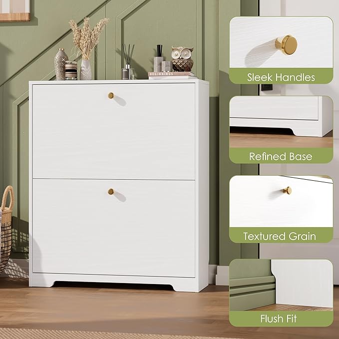 Nicetree Shoe Cabinet with 2 Flip Drawers, Narrow Shoe Organizer Cabinet, Freestanding Shoe Rack Cabinet, Modern Shoe Storage Cabinet for Entryway, Hallway, Foyer, White