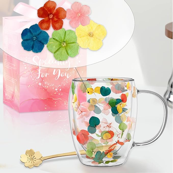 Gifts for Women Dried Flowers Double Wall Glass Coffee Mugs Cute Glass Tea Cups with Handles Christmas Birthday Gift for Best Friend Teacher Mum Gifts New Home Gift Ideas Autumn Mug Home Decor