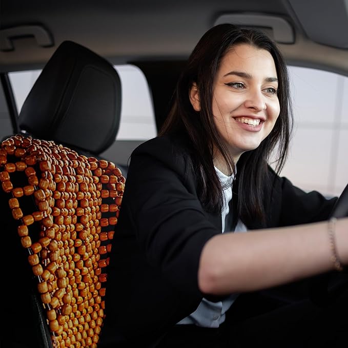 ZONETECH Beaded Car Seat Cover, Cooling Wood Bead Seat Cover, Breathable Semi Truck Seat Covers Massaging, Anti-Sweat and Back Support Features, Double Strung Universal Fit Natural Color