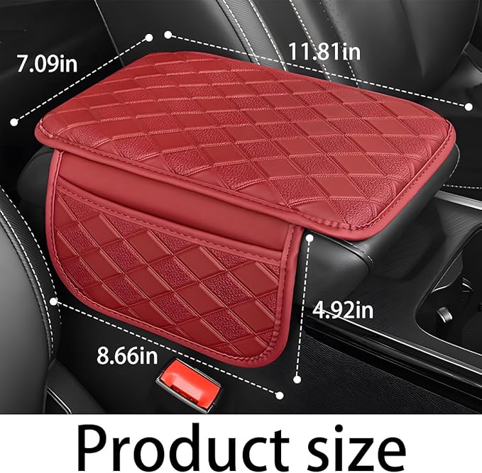 Car Center Console Cover, Leather Vehicle Armrest Pad with 2 Side Storage Bags, Comfortable Auto Interior Middle Console Storage Box Cushion Accessories, Universal for Most Cars (Red)