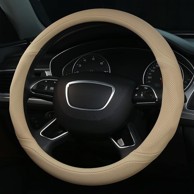 ALEMODR Buff Leather Steering Wheel Cover Universal 15 inch