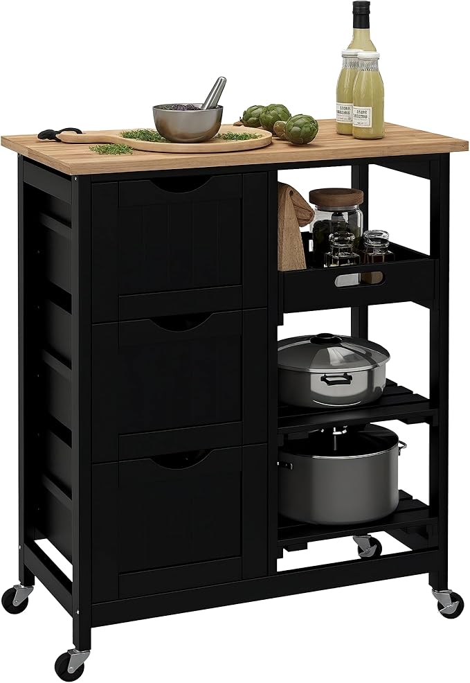 HOMCOM Rolling Kitchen Island Cart, Bar Serving Cart, Compact Trolley on Wheels with Wood Top, Shelves & Drawers for Home Dining Area, Black