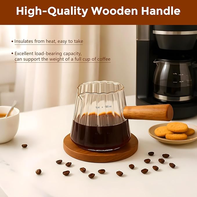 YARRAMATE 2 Pack 6 oz/180ML Glass Measuring Cup with Wooden Handle – Espresso Shot Cups, Ribbed Milk Frothing Pitcher, Dual Scale Markings, V-Shaped Mouth for Easy Pouring, Dishwasher Safe